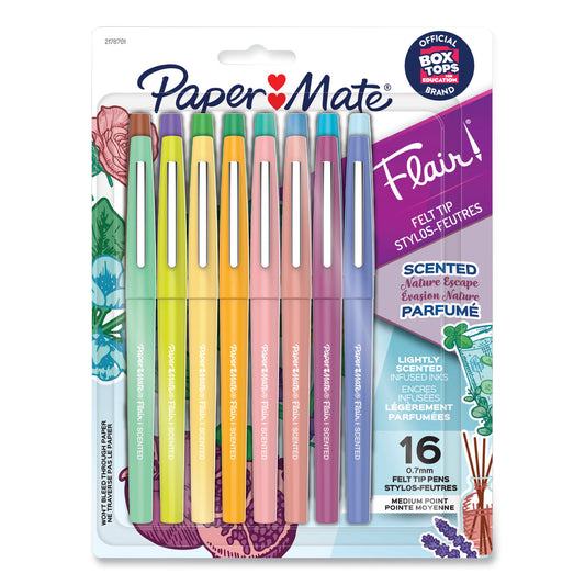 Paper Mate Flair Scented Felt Tip Porous Point Pen, Nature Escape Scents, Medium 0.7 mm, Assorted Ink and Barrel Colors, 16/Pack (2178701)