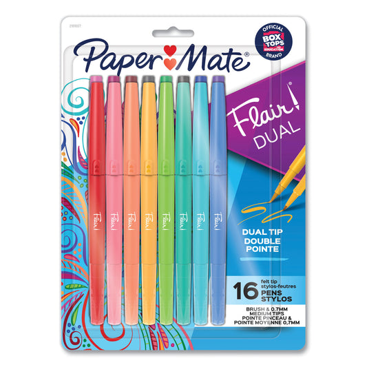 Paper Mate Flair Duo Felt Tip Porous Point Pen, Stick, Medium 0.7 mm, Assorted Ink and Barrel Colors, 16/Pack (2181607)