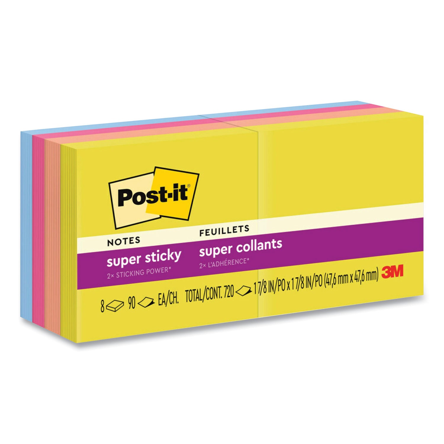 Post-it Pads in Summer Joy Collection Colors, 1.88" x 1.88", 90 Sheets/Pad, 8 Pads/Pack (6228SSJOY)