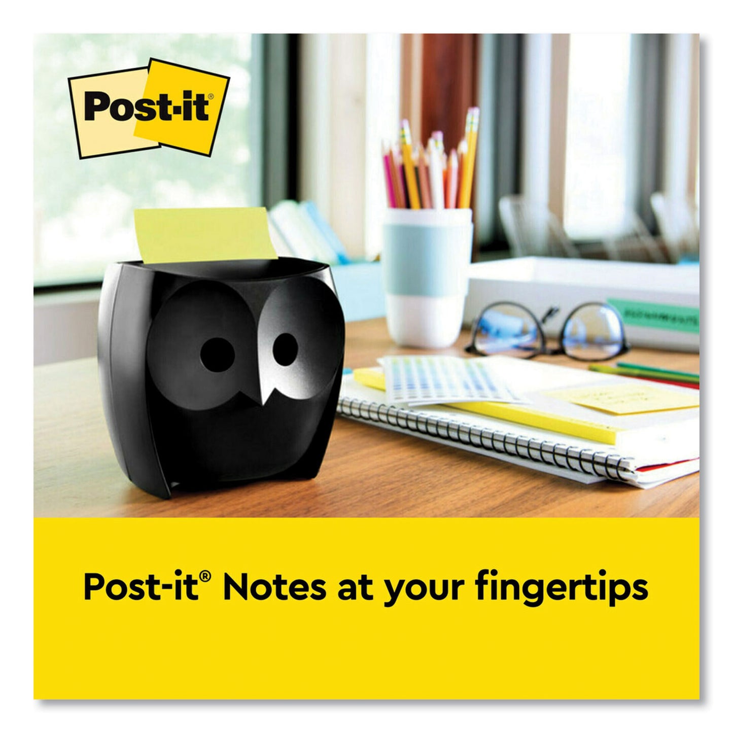 Post-it Owl-Shaped Dispenser, For 3 x 3 Pads, Black, Includes 45-Sheet Citron Super Sticky Dispenser Pop-Up Pad (OWL330BK)