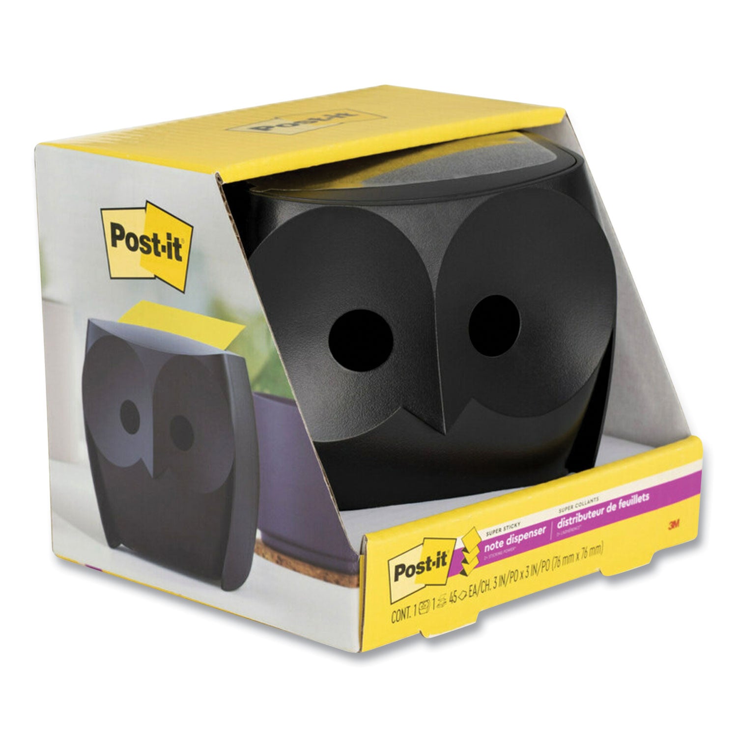 Post-it Owl-Shaped Dispenser, For 3 x 3 Pads, Black, Includes 45-Sheet Citron Super Sticky Dispenser Pop-Up Pad (OWL330BK)