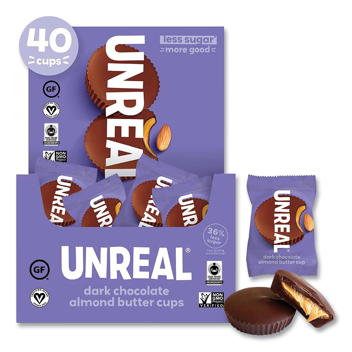 UNREAL Dark Chocolate Almond Butter Cups, 0.53 oz, Individually Wrapped, 40/Pack (22002089)