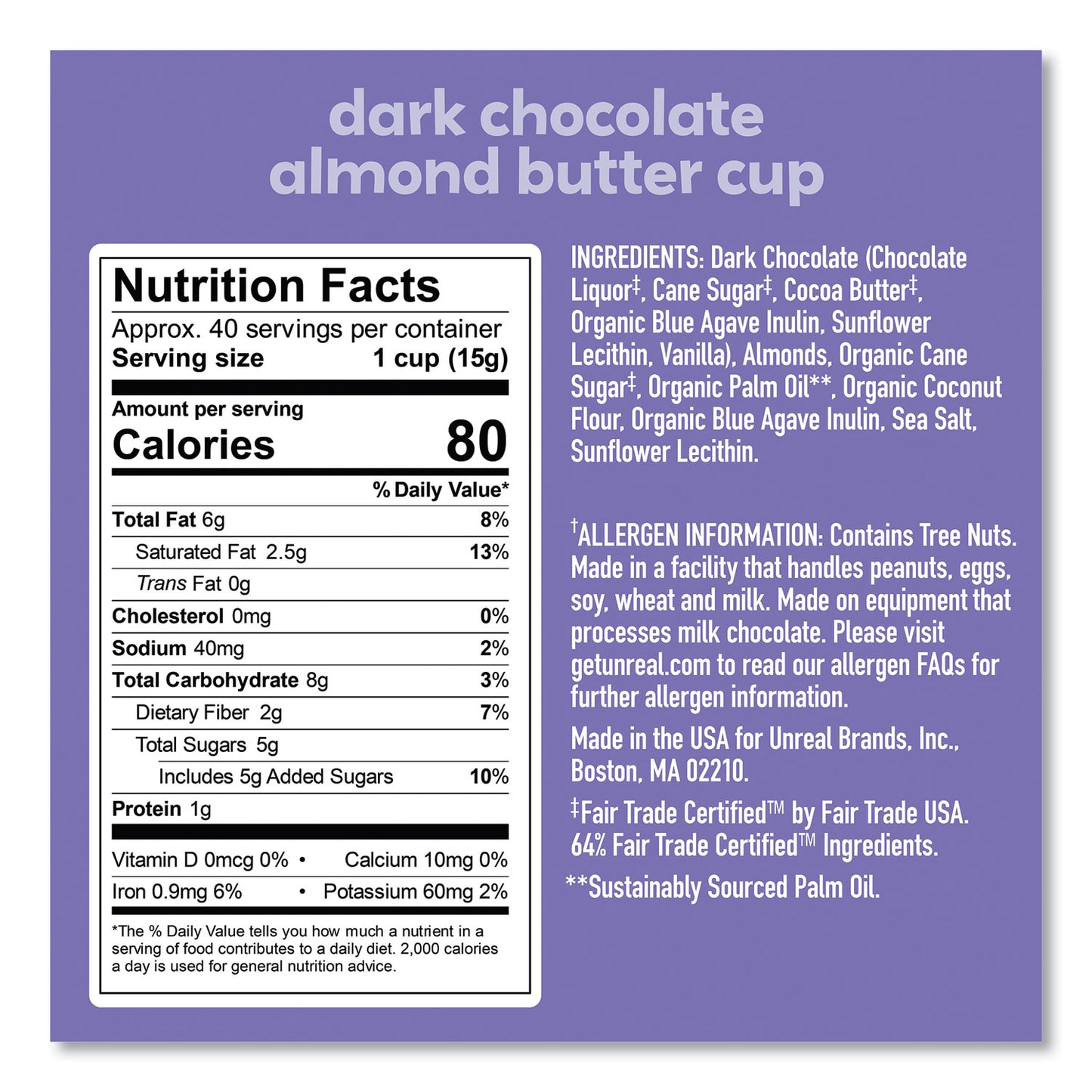 UNREAL Dark Chocolate Almond Butter Cups, 0.53 oz, Individually Wrapped, 40/Pack (22002089)