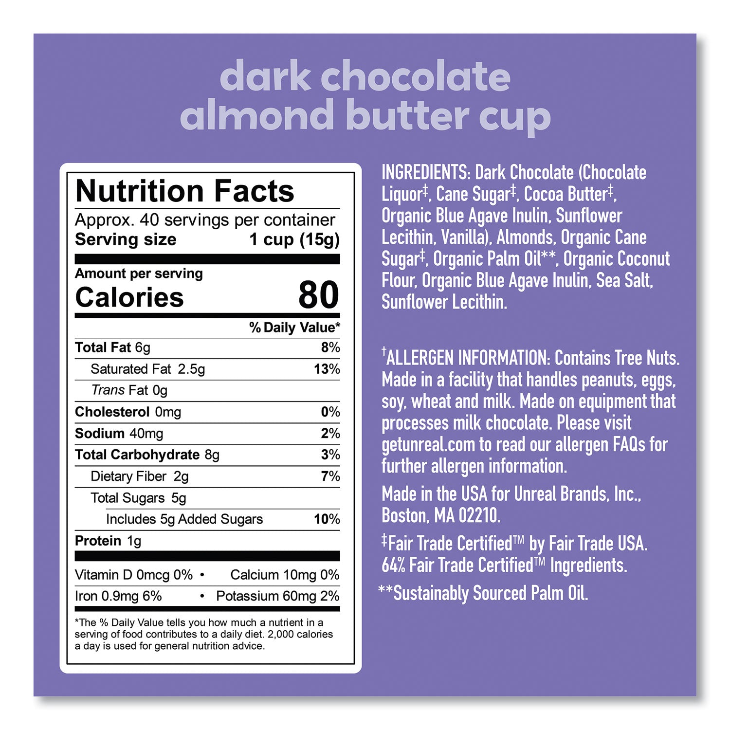 UNREAL Dark Chocolate Almond Butter Cups, 0.53 oz, Individually Wrapped, 40/Pack (22002089)