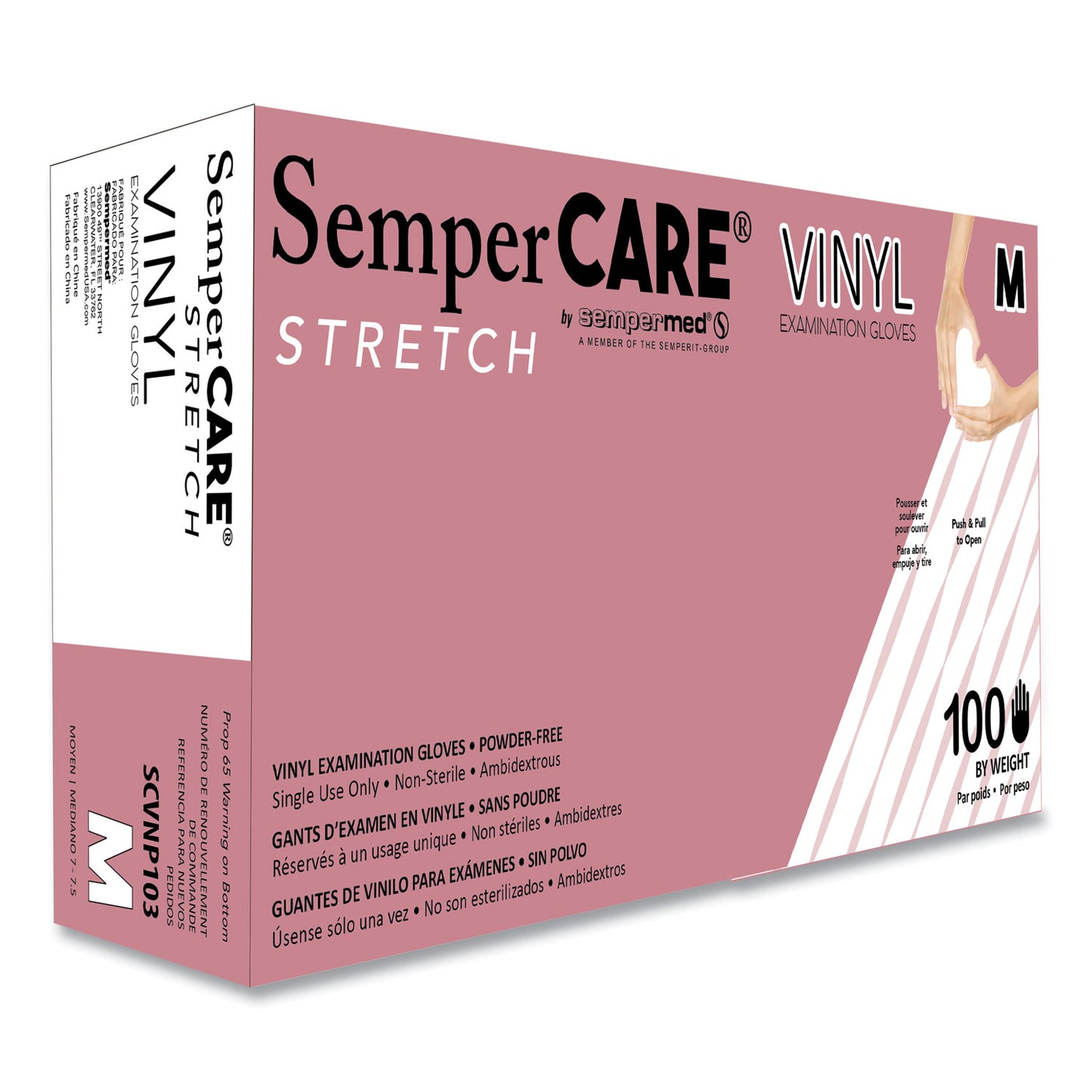 SemperCare Stretch Vinyl Examination Gloves, Cream, Medium, 100/Box (SCVNP103BX)