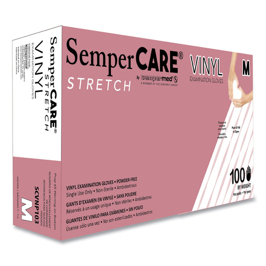 SemperCare Stretch Vinyl Examination Gloves, Cream, Medium, 100/Box, 10 Boxes/Carton (SCVNP103)