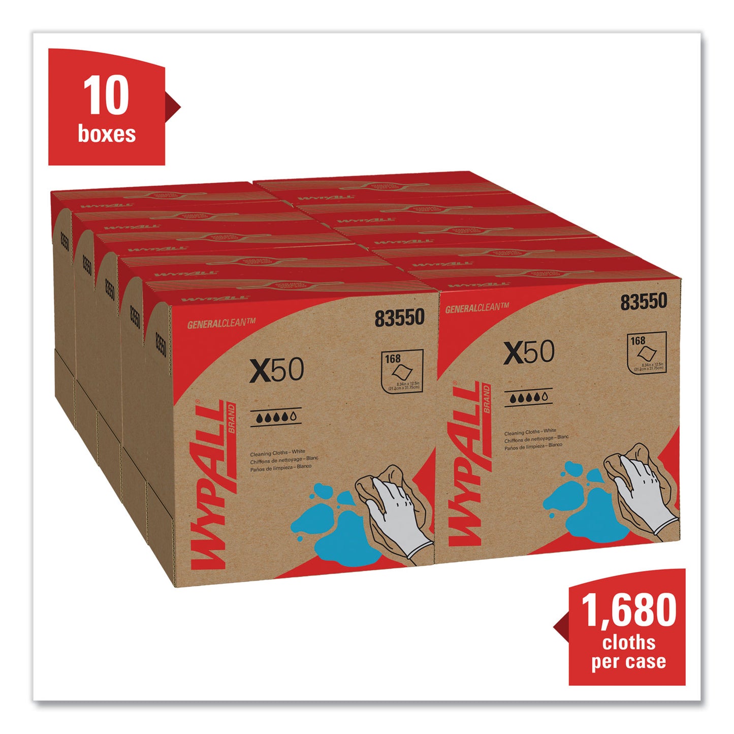 WypAll X50 Cloths, POP-UP Box, 12.5 x 9.1, White, 168/Box, 10 Boxes/Carton (83550)