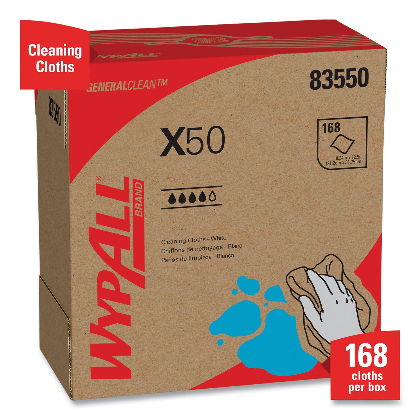 WypAll X50 Cloths, POP-UP Box, 12.5 x 9.1, White, 168/Box, 10 Boxes/Carton (83550)