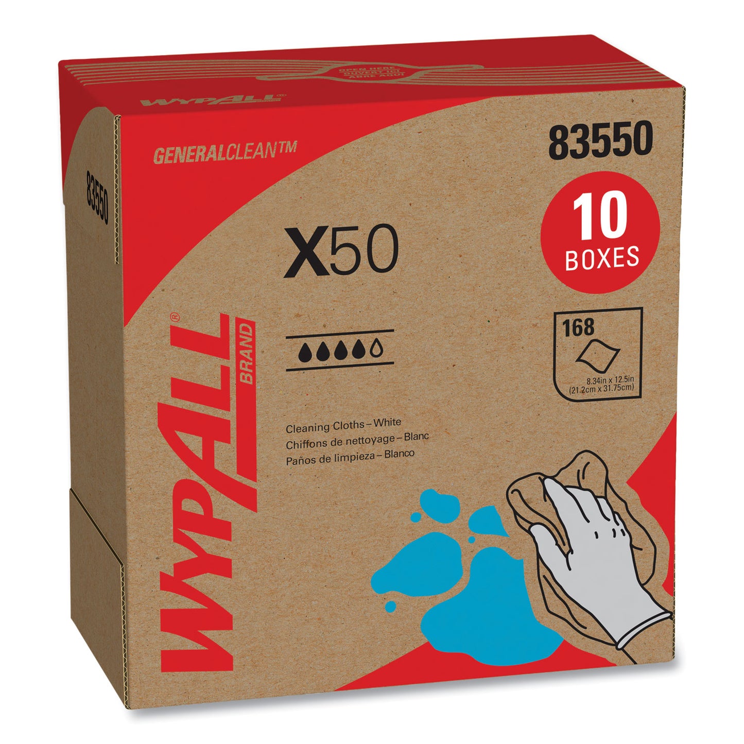 WypAll X50 Cloths, POP-UP Box, 12.5 x 9.1, White, 168/Box, 10 Boxes/Carton (83550)