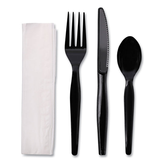 Boardwalk Four-Piece Cutlery Kit, Fork/Knife/Napkin/Teaspoon, Heavyweight, Black, 250/Carton (FKTNHWPSBLA)