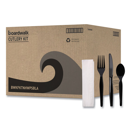 Boardwalk Four-Piece Cutlery Kit, Fork/Knife/Napkin/Teaspoon, Heavyweight, Black, 250/Carton (FKTNHWPSBLA)