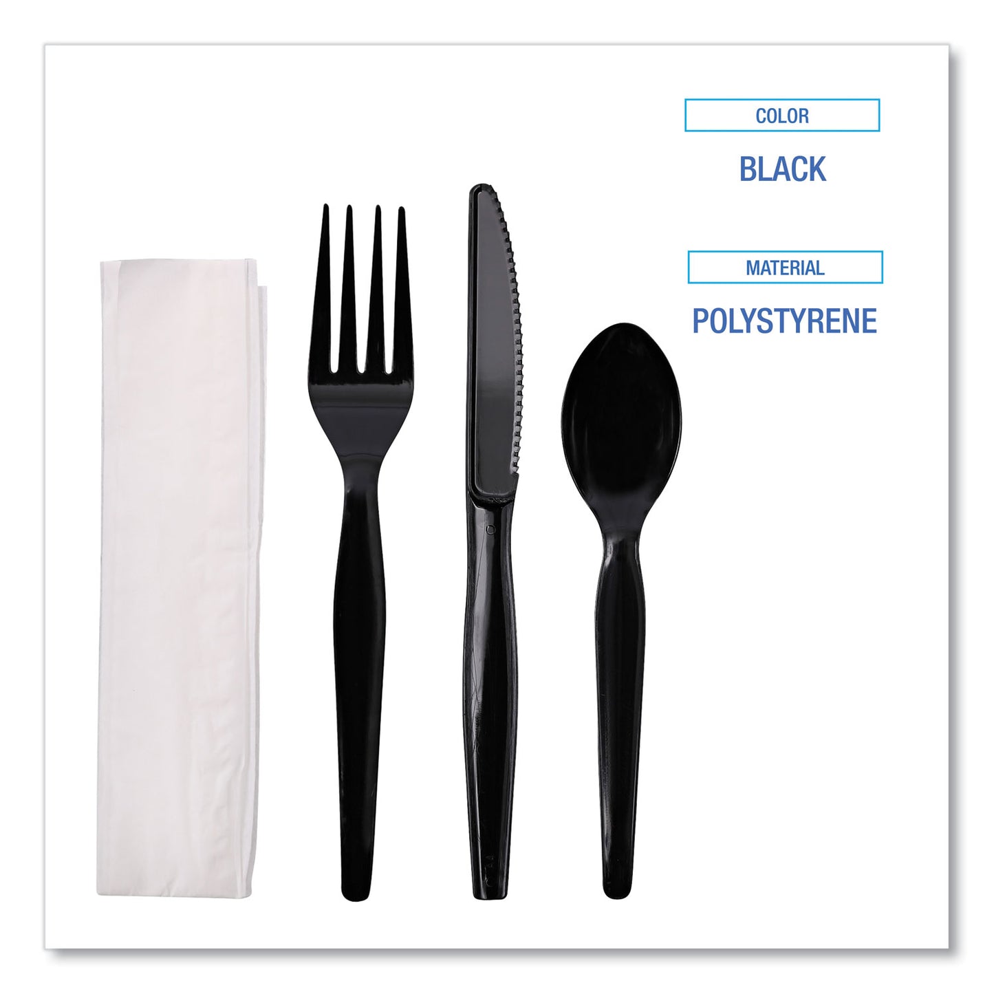 Boardwalk Four-Piece Cutlery Kit, Fork/Knife/Napkin/Teaspoon, Heavyweight, Black, 250/Carton (FKTNHWPSBLA)