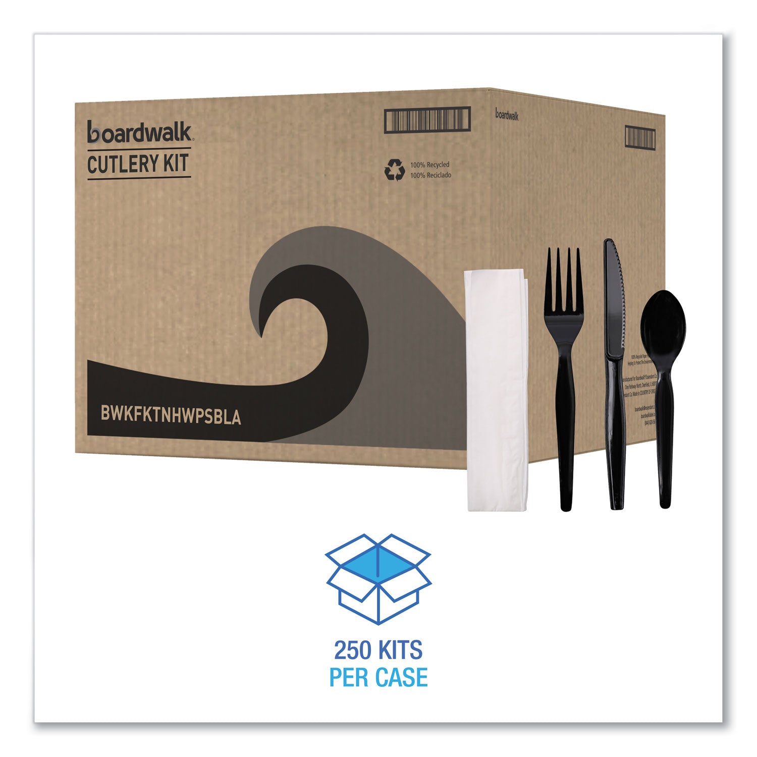 Boardwalk Four-Piece Cutlery Kit, Fork/Knife/Napkin/Teaspoon, Heavyweight, Black, 250/Carton (FKTNHWPSBLA)