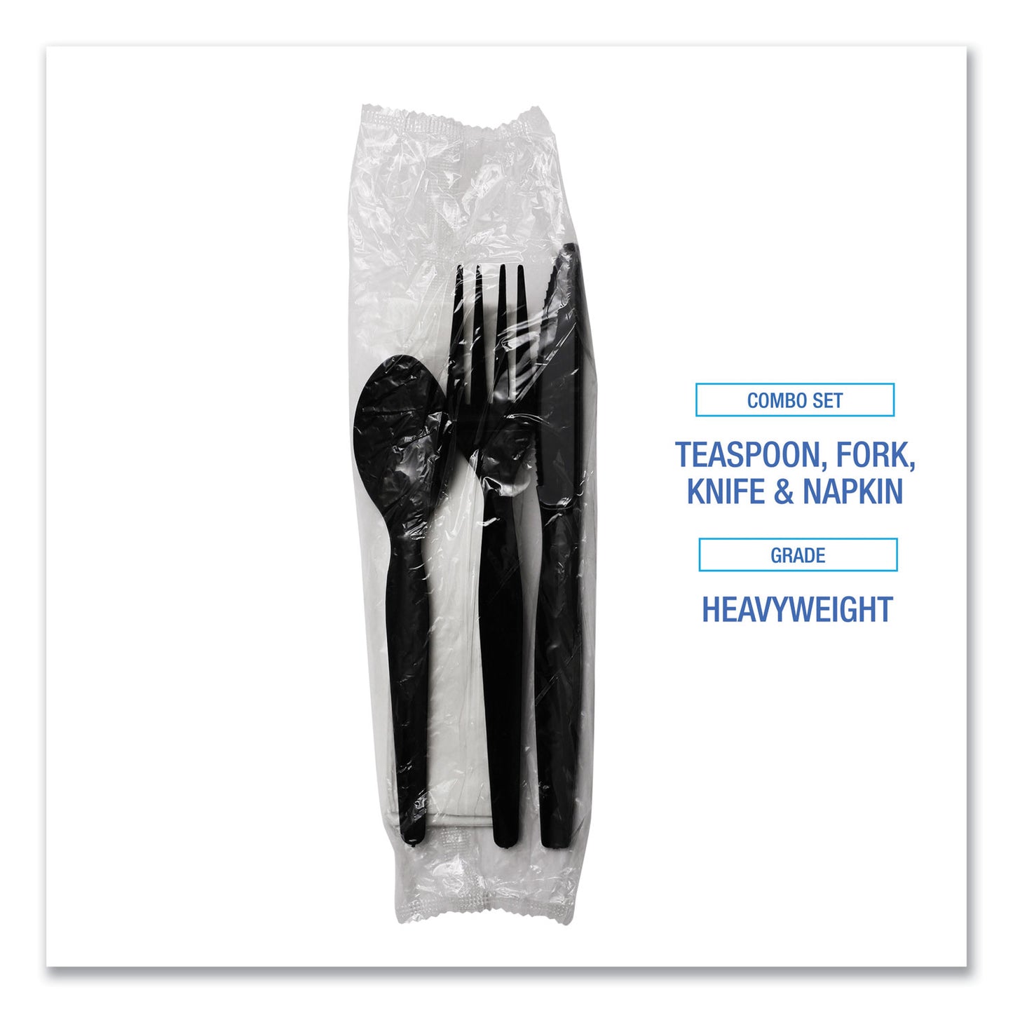 Boardwalk Four-Piece Cutlery Kit, Fork/Knife/Napkin/Teaspoon, Heavyweight, Black, 250/Carton (FKTNHWPSBLA)