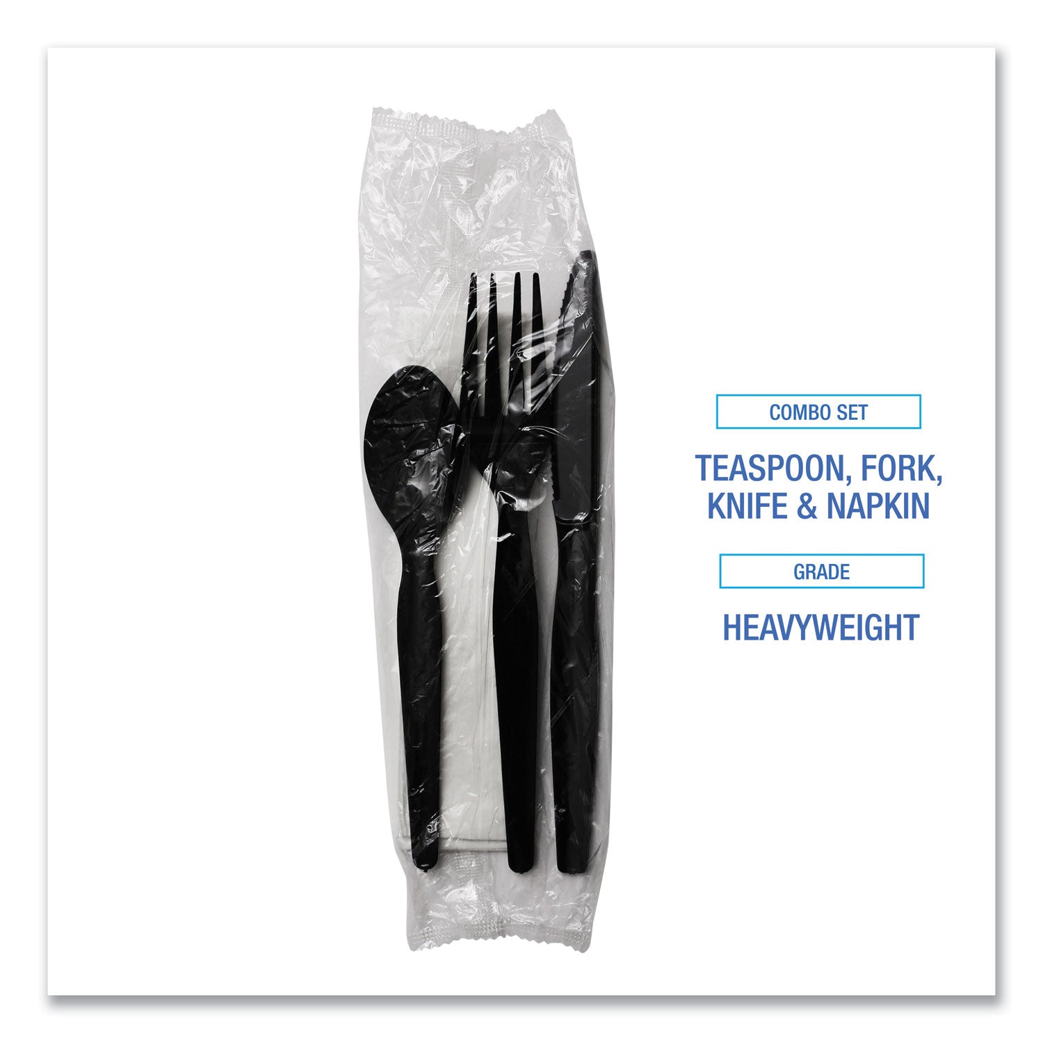 Boardwalk Four-Piece Cutlery Kit, Fork/Knife/Napkin/Teaspoon, Heavyweight, Black, 250/Carton (FKTNHWPSBLA)
