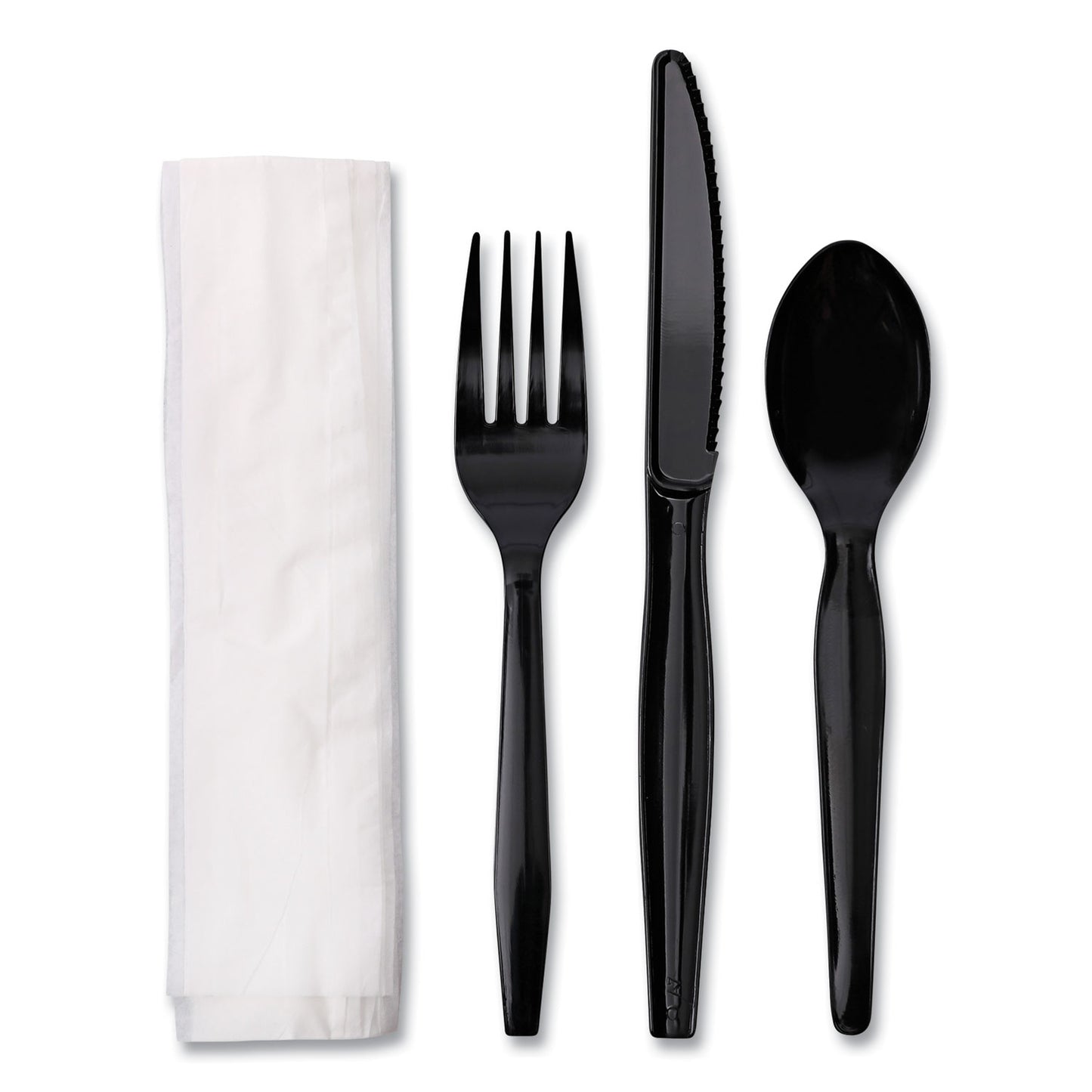 Boardwalk Four-Piece Cutlery Kit, Fork/Knife/Napkin/Teaspoon, Black, 250/Carton (FKTNMWPSBLA)