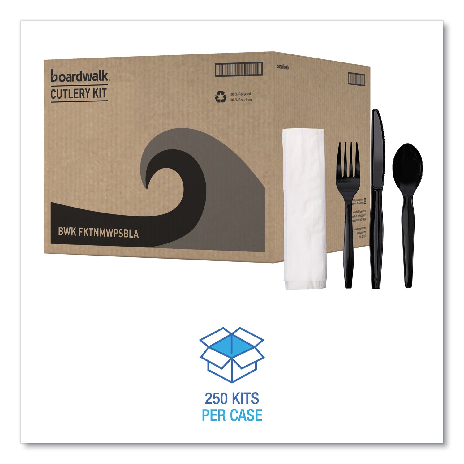 Boardwalk Four-Piece Cutlery Kit, Fork/Knife/Napkin/Teaspoon, Black, 250/Carton (FKTNMWPSBLA)