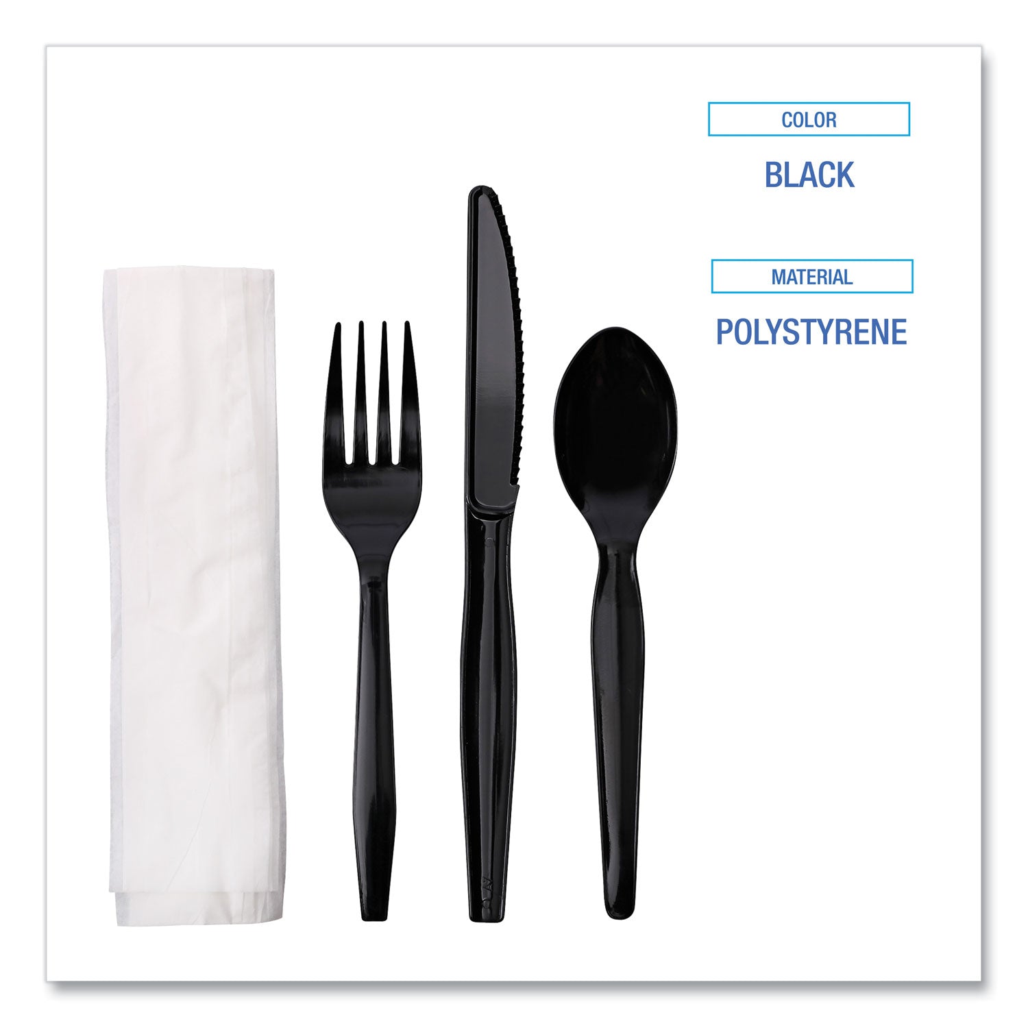 Boardwalk Four-Piece Cutlery Kit, Fork/Knife/Napkin/Teaspoon, Black, 250/Carton (FKTNMWPSBLA)