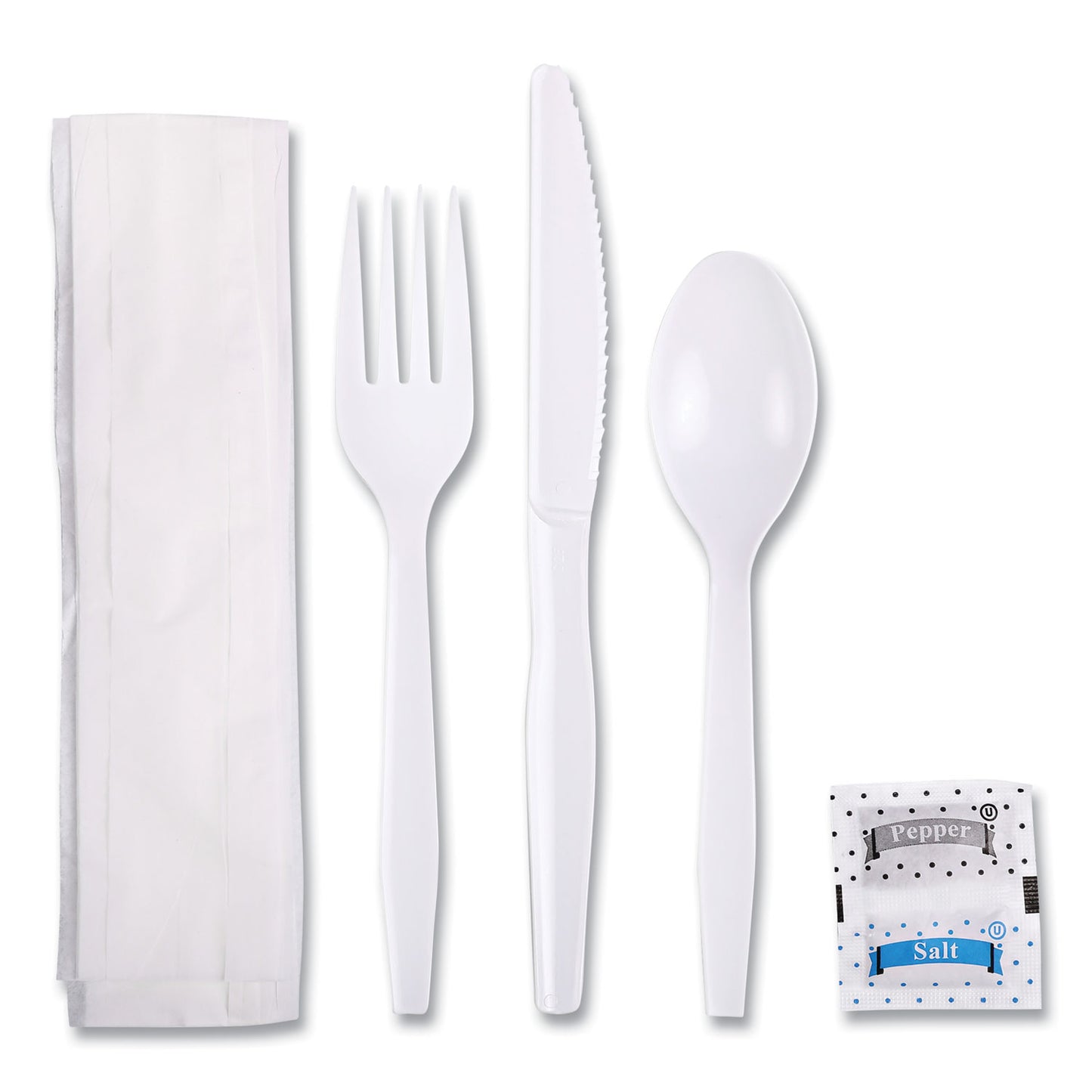 Boardwalk Six-Piece Cutlery Kit, Condiment/Fork/Knife/Napkin/Teaspoon, White, 250/Carton (FKTNSMWPSWH)