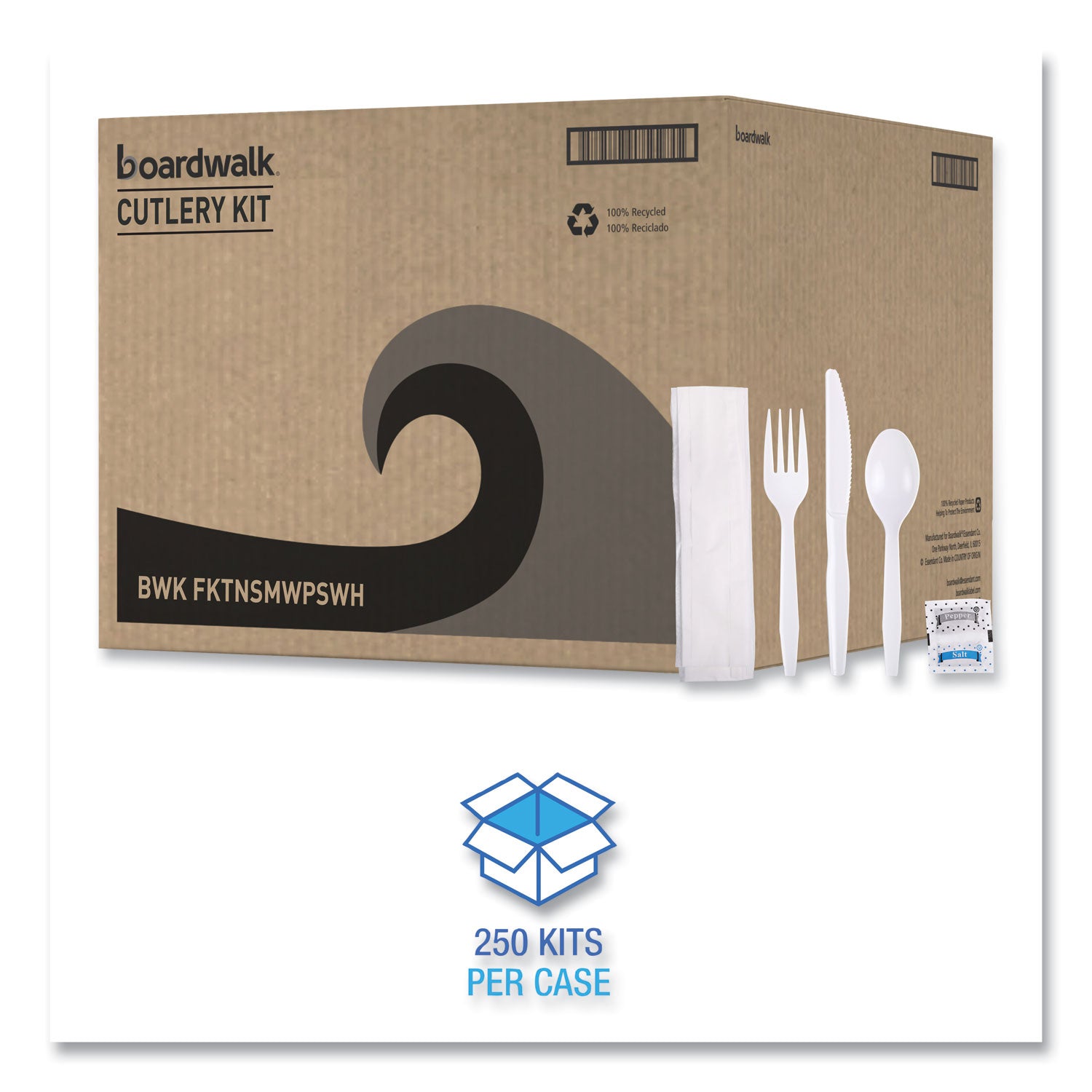 Boardwalk Six-Piece Cutlery Kit, Condiment/Fork/Knife/Napkin/Teaspoon, White, 250/Carton (FKTNSMWPSWH)