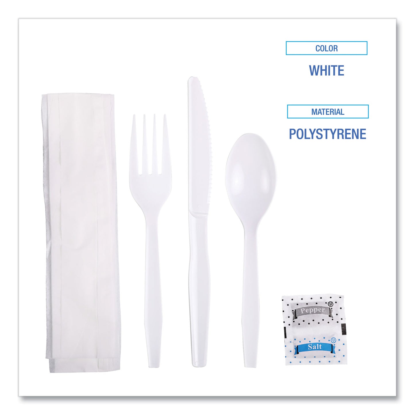 Boardwalk Six-Piece Cutlery Kit, Condiment/Fork/Knife/Napkin/Teaspoon, White, 250/Carton (FKTNSMWPSWH)