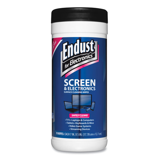 Endust Antistatic Cleaning Wipes, Premoistened, 5 x 7, Clean Scent, White, 70/Canister (11506)