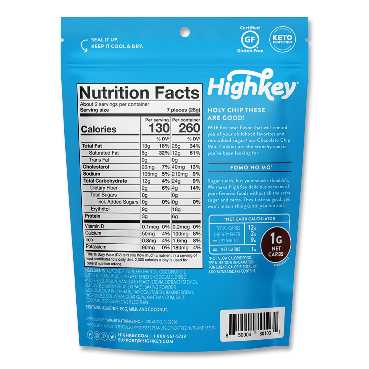 HighKey Chocolate Chip Cookies, 2 oz, Bag, 6/Carton (60000270)