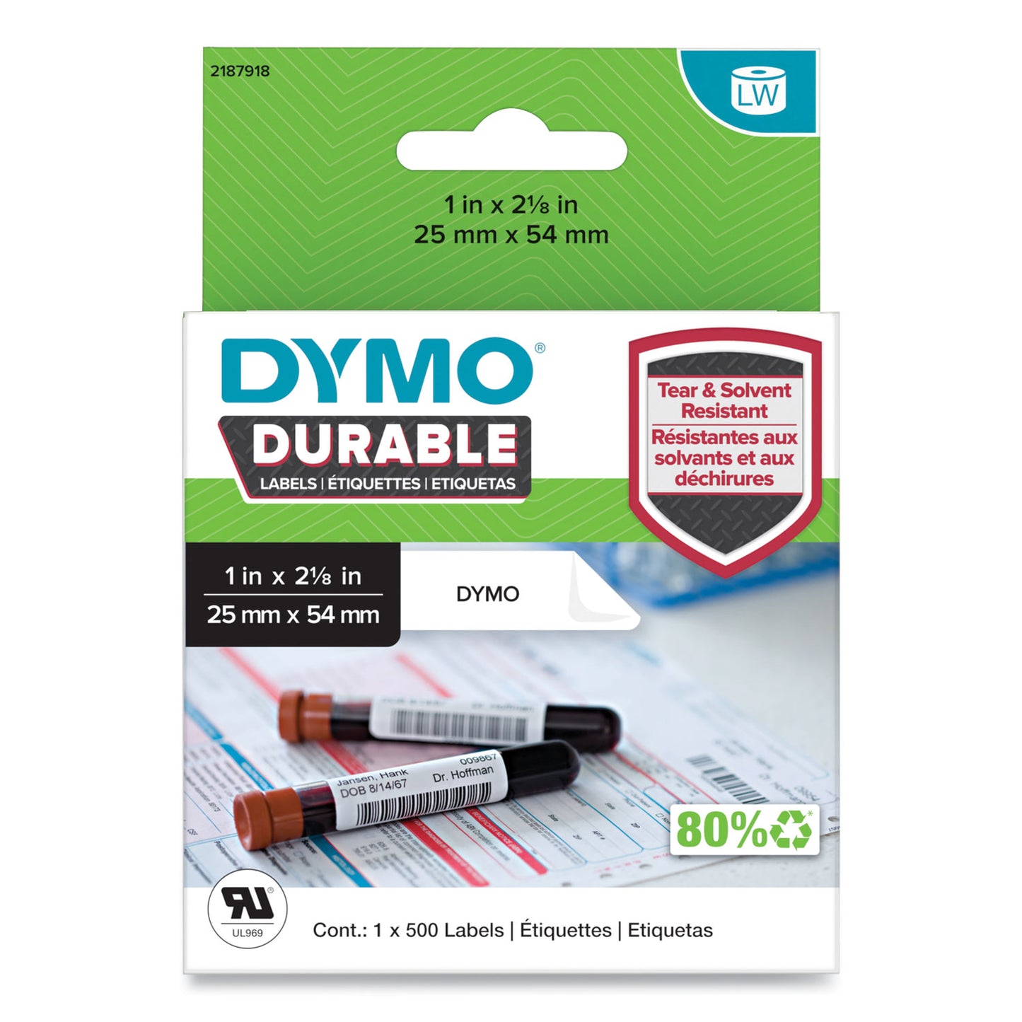 DYMO LW Durable Labels, Medical Prescription Label, 1" x 2.13", White, 500 Labels/Roll (2187918)