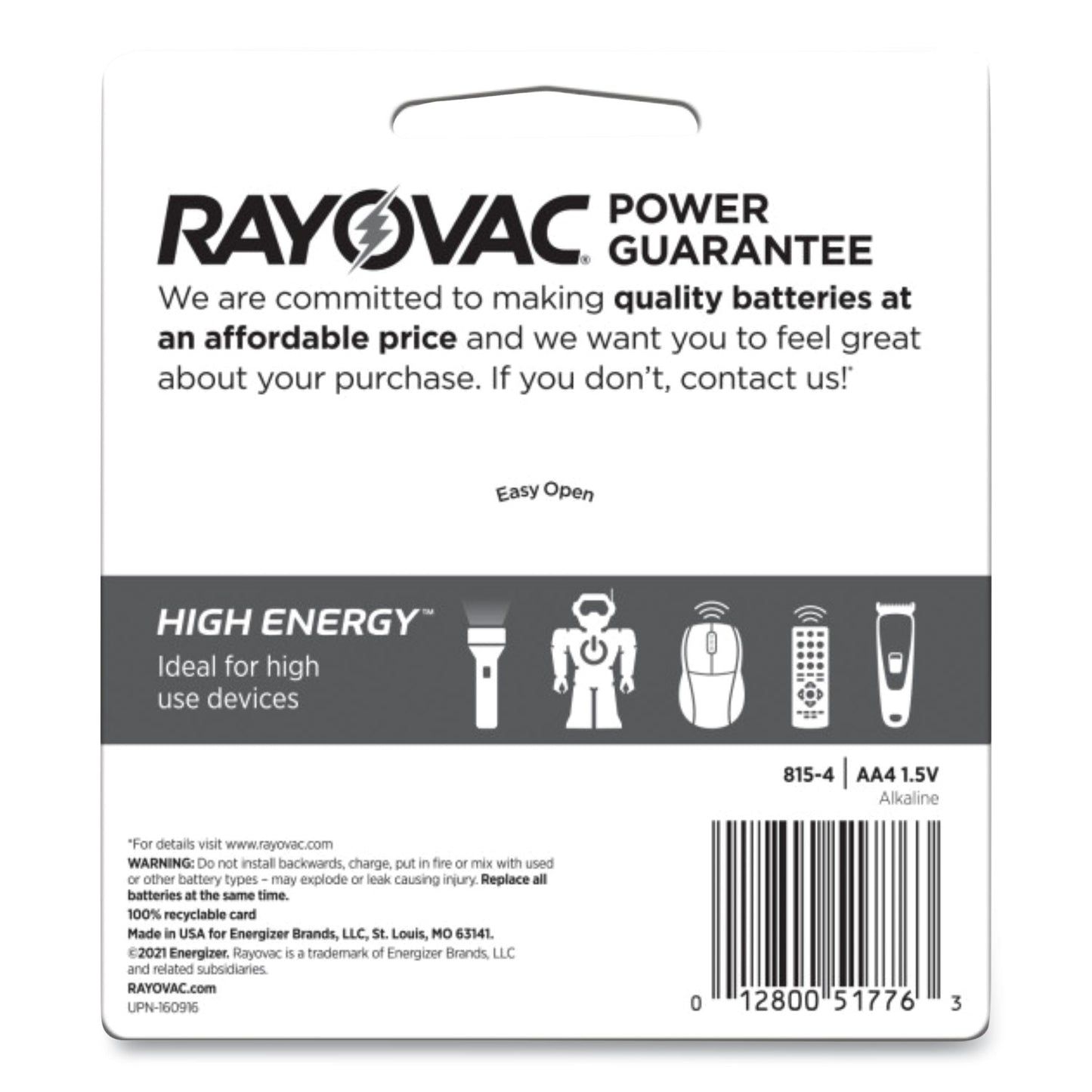 Rayovac High Energy Premium Alkaline AA Batteries, 4/Pack (8154K)