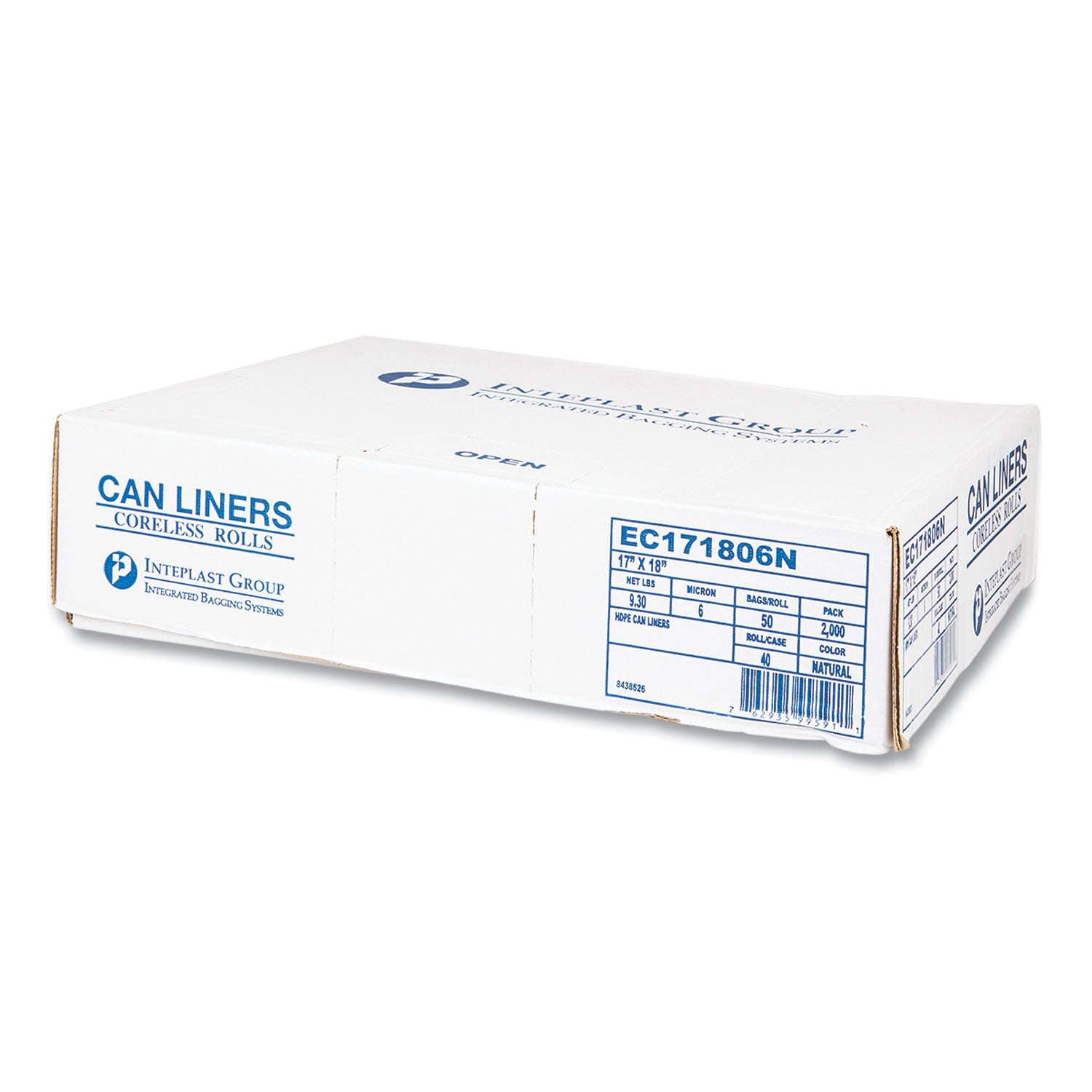 Inteplast Group High-Density Commercial Can Liners, 4 gal, 6 mic, 17" x 18", Clear, Perforated Roll, 50 Bags/Roll, 40 Rolls/Carton (EC171806N)