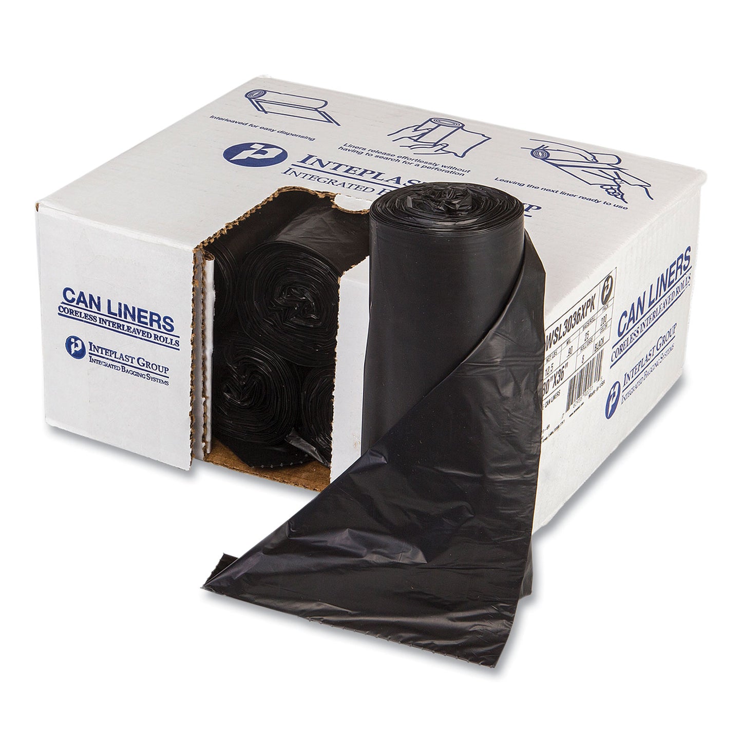 Inteplast Group Low-Density Commercial Can Liners, 30 gal, 0.9 mil, 30" x 36", Black, Interleaved Roll, 25 Bags/Roll, 8 Rolls/Carton (SL3036XPK)