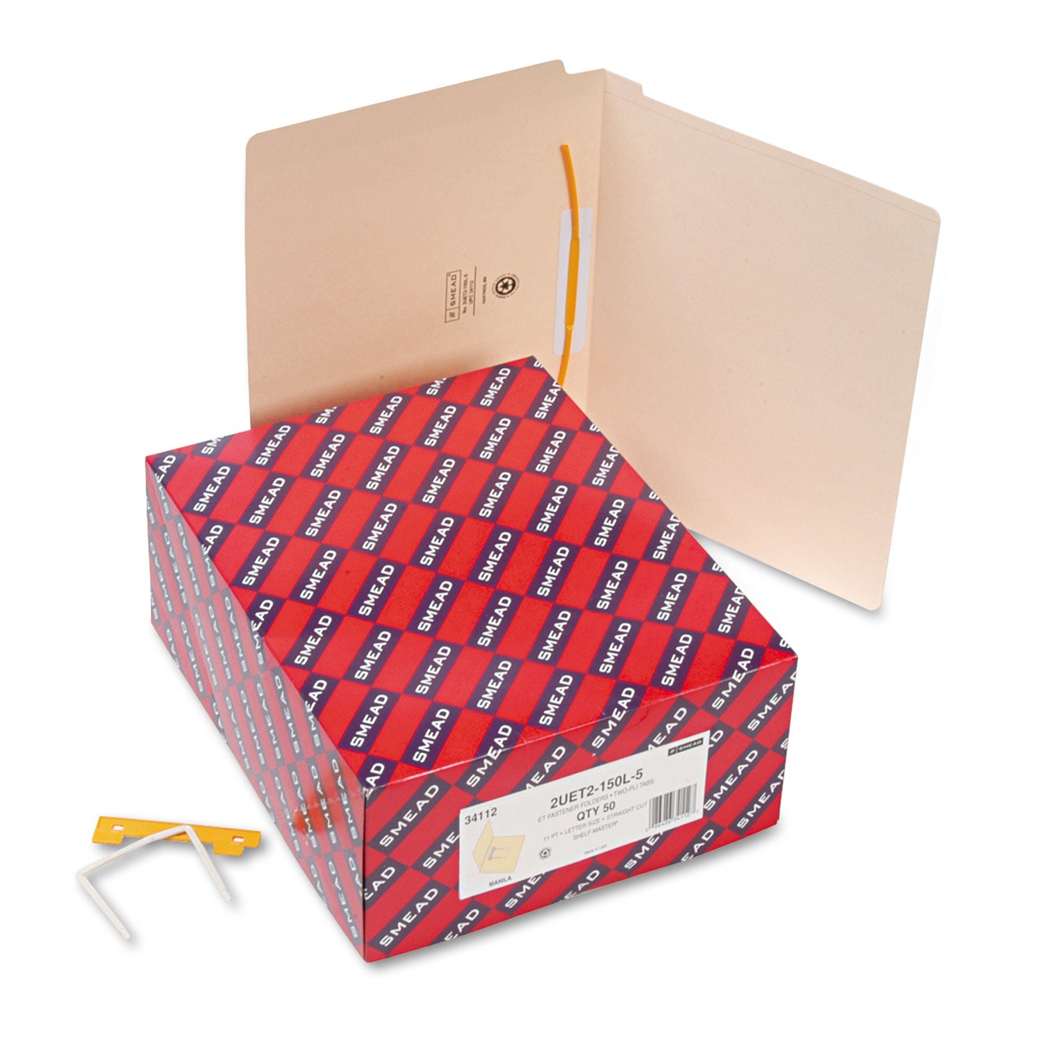 Smead Heavyweight Manila Reinforced End Tab U-Clip Fastener Folders, 0.75" Expansion, 1 Fastener, Letter Size, Manila, 50/Box (34112)