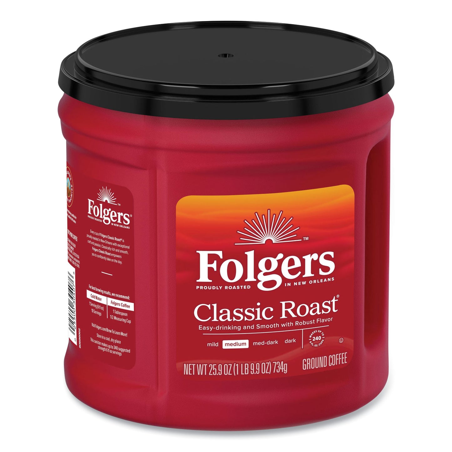 Folgers Coffee, Classic Roast, Ground, 25.9 oz Canister, 6/Carton (20421CT)