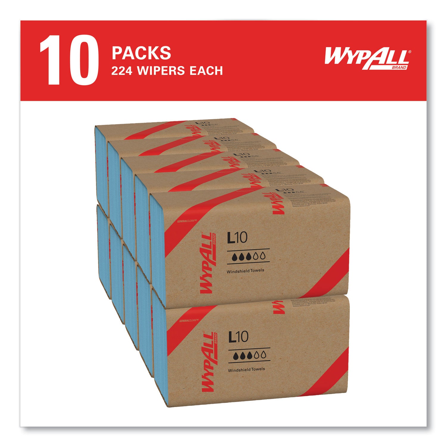 WypAll L10 Windshield Towels, 1-Ply, 9.1 x 10.25, Light Blue, 224/Pack, 10 Packs/Carton (05123)