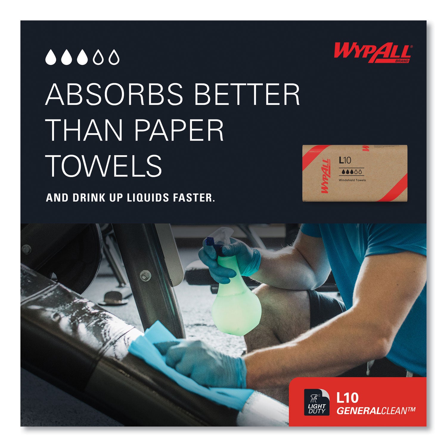 WypAll L10 Windshield Towels, 1-Ply, 9.1 x 10.25, Light Blue, 224/Pack, 10 Packs/Carton (05123)