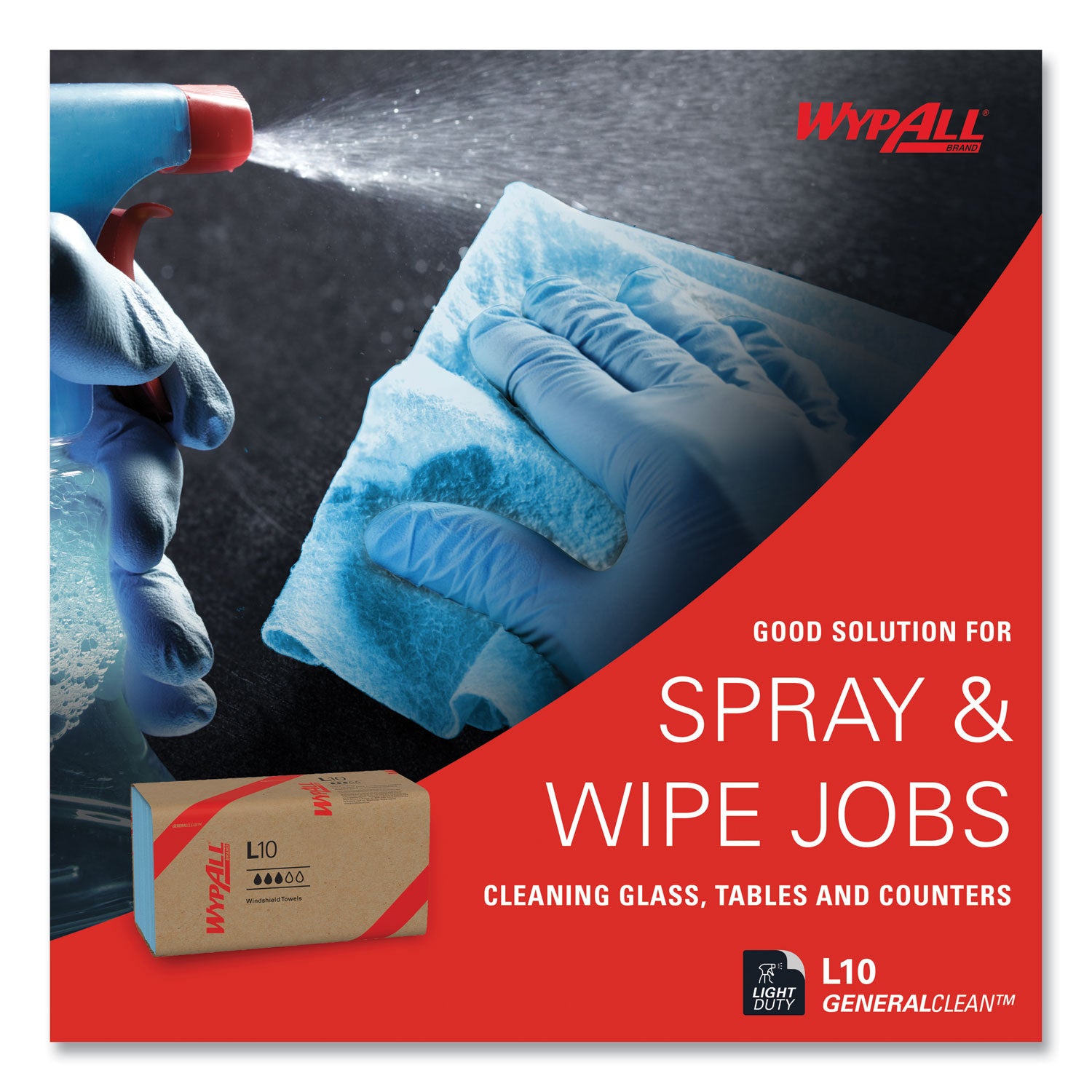 WypAll L10 Windshield Towels, 1-Ply, 9.1 x 10.25, Light Blue, 224/Pack, 10 Packs/Carton (05123)