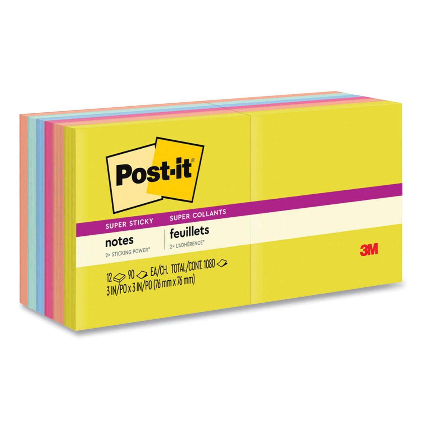 Post-it Note Pads in Summer Joy Collection Colors, 3" x 3", Summer Joy Collection Colors, 90 Sheets/Pad, 12 Pads/Pack (65412SSJOY)