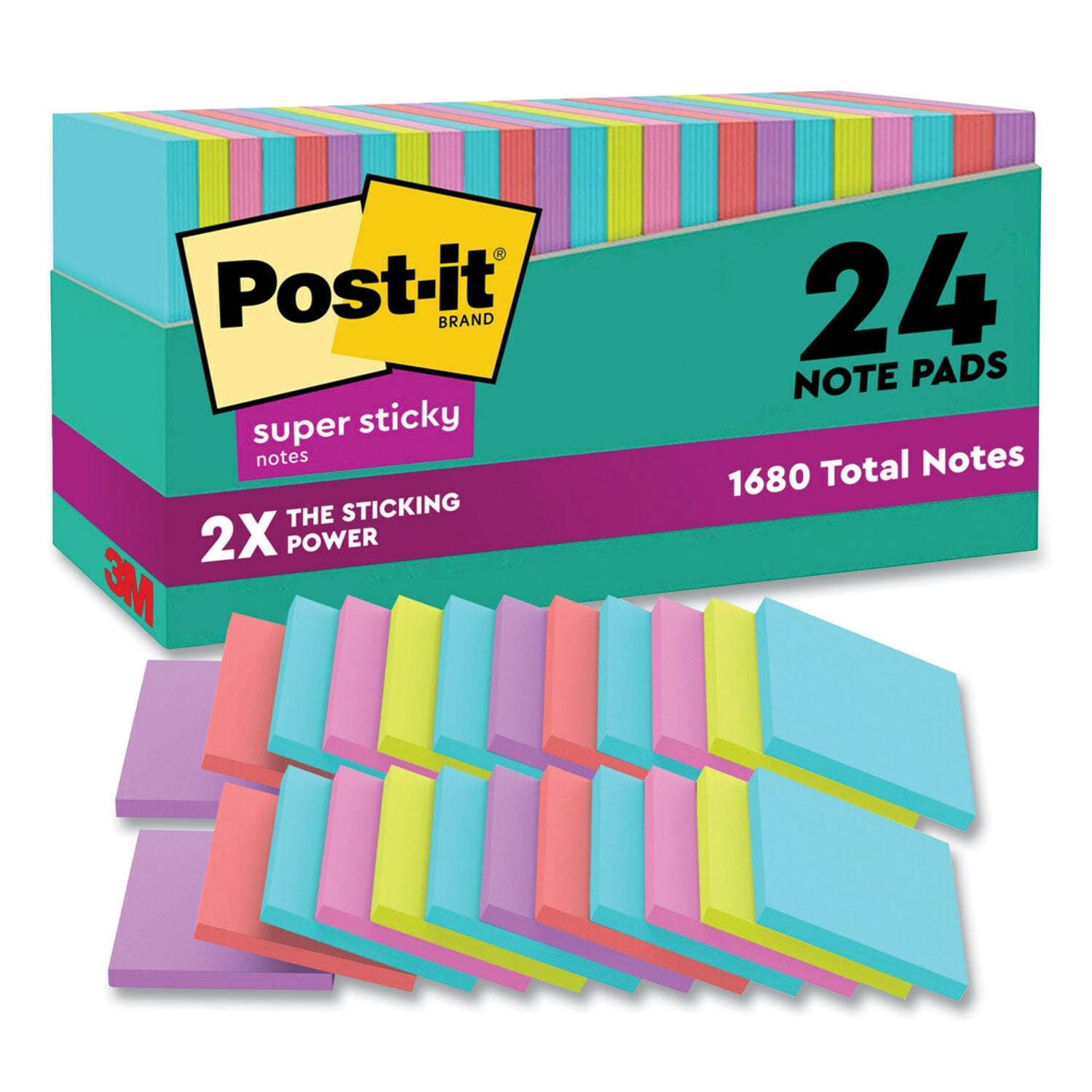 Post-it Pads in Supernova Neon Collection Colors, Cabinet Pack, 3" x 3", 70 Sheets/Pad, 24 Pads/Pack (65424SSMIACP)