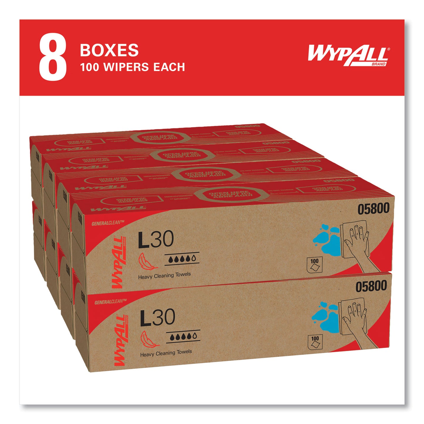 WypAll L30 Towels, POP-UP Box, 16.4 x 9.8, White, 100/Box, 8 Boxes/Carton (05800)