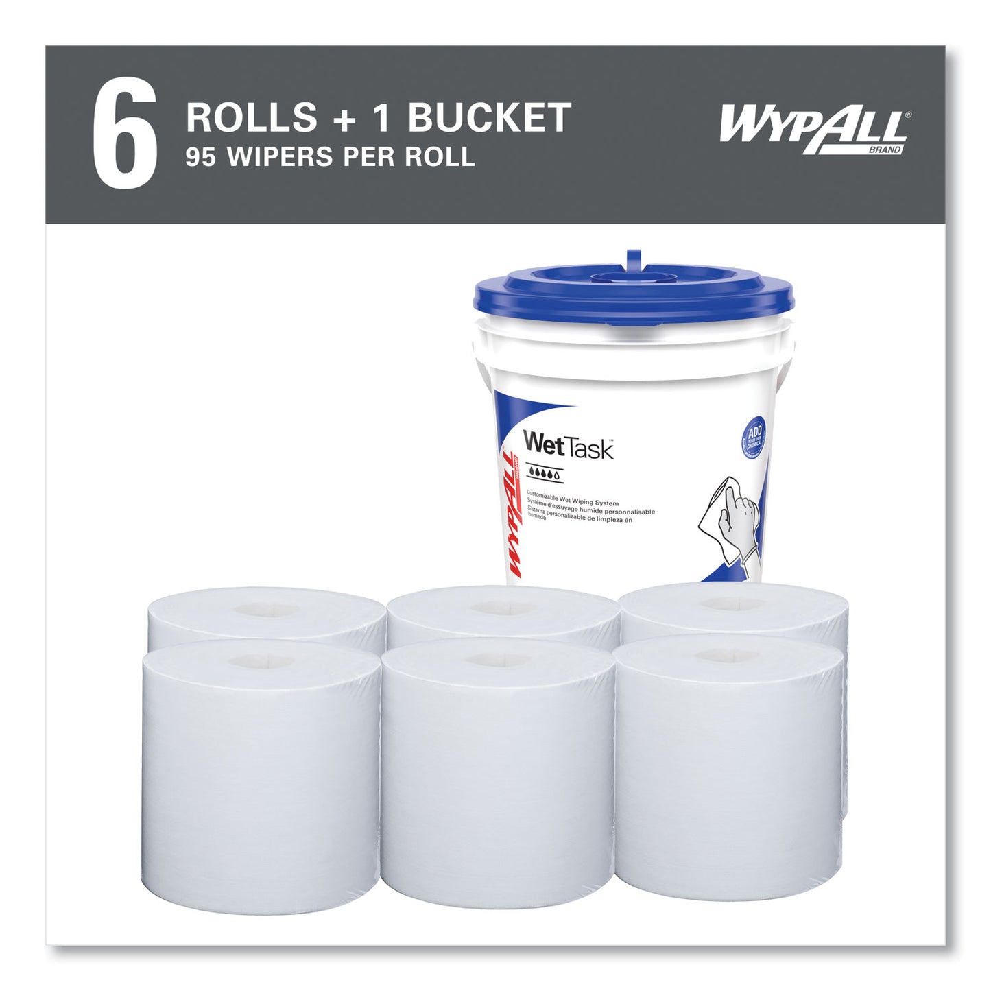 WypAll Power Clean Wipers for WetTask Customizable Wet Wiping System with (1) Bucket, 6 x 12, Unscented, 95/Roll, 6 Rolls/Carton (06001)