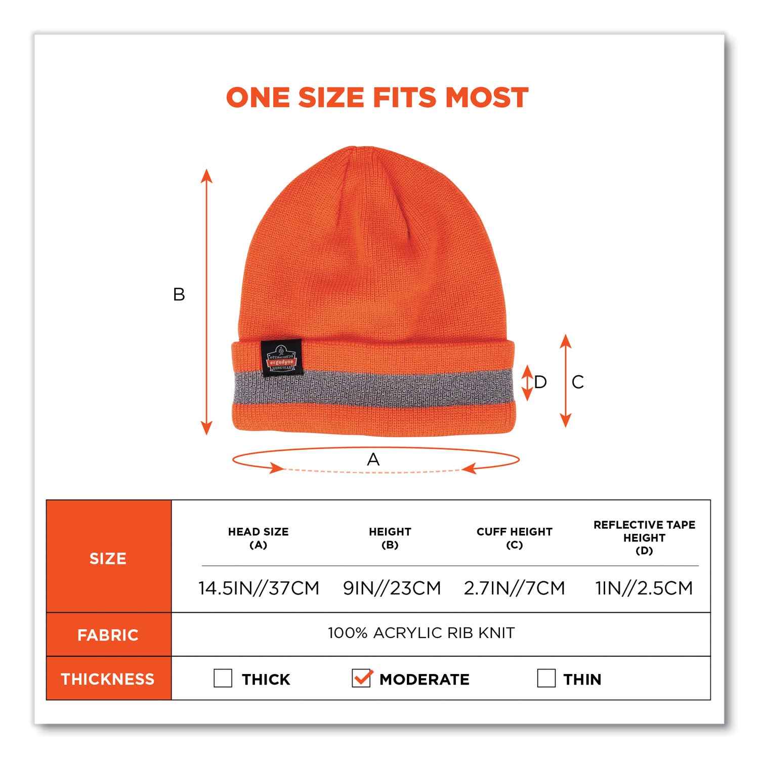 ergodyne N-Ferno 6803 Reflective Rib Knit Winter Hat, One Size Fits Most, Orange (16865)