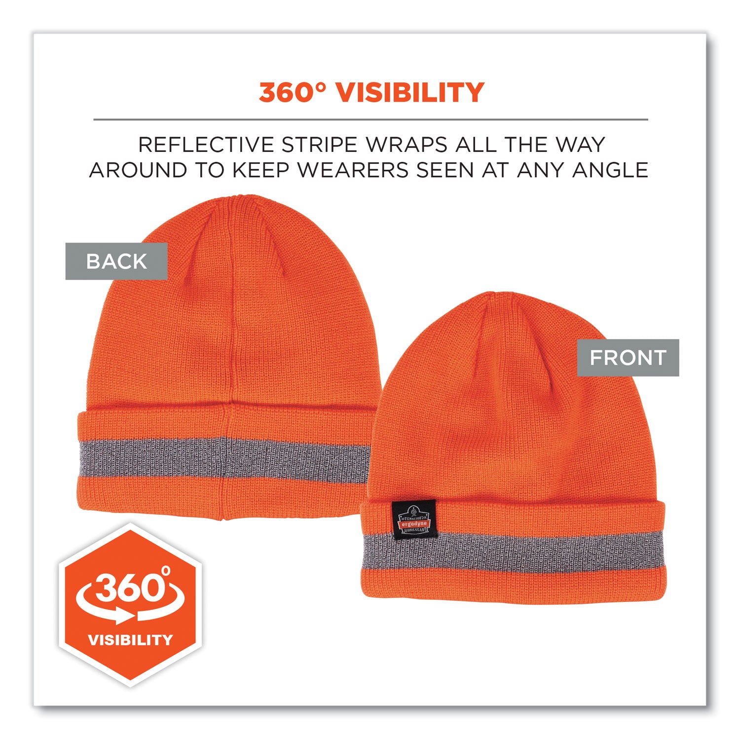 ergodyne N-Ferno 6803 Reflective Rib Knit Winter Hat, One Size Fits Most, Orange (16865)