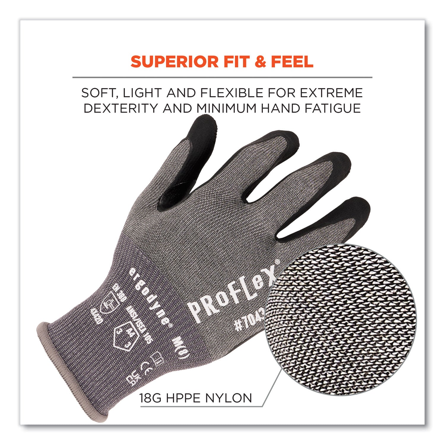 ergodyne ProFlex 7043 ANSI A4 Nitrile Coated CR Gloves, Gray, Large, 1 Pair (10524)