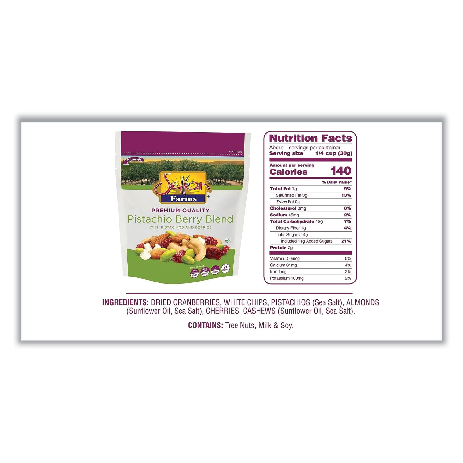 Setton Farms Pistachio Berry Blend, 4 oz Bag, 10/Carton (5919)