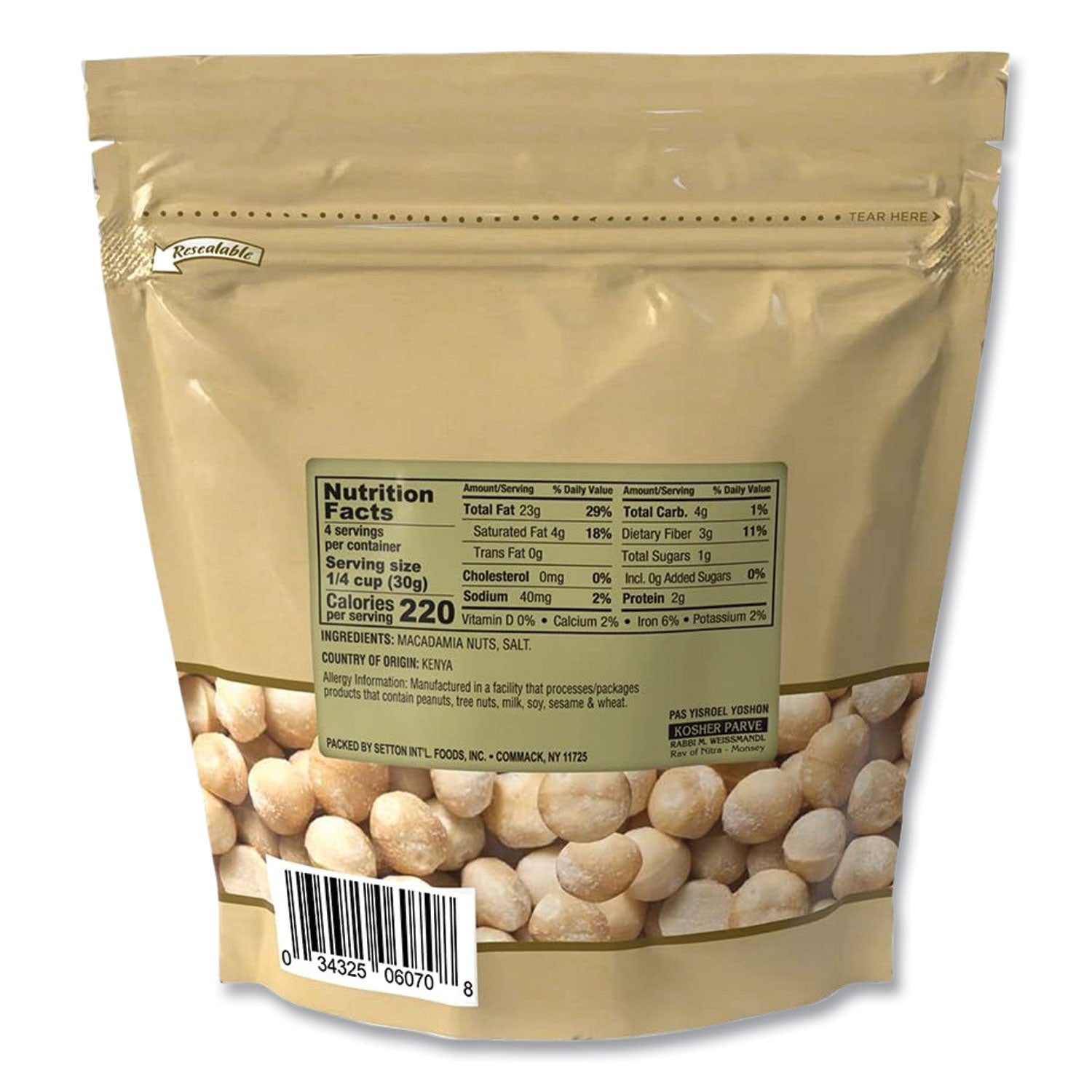 Setton Farms Macadamia Nuts, Dry Roasted, Salted, 4 oz Bag, 12/Carton (6070)