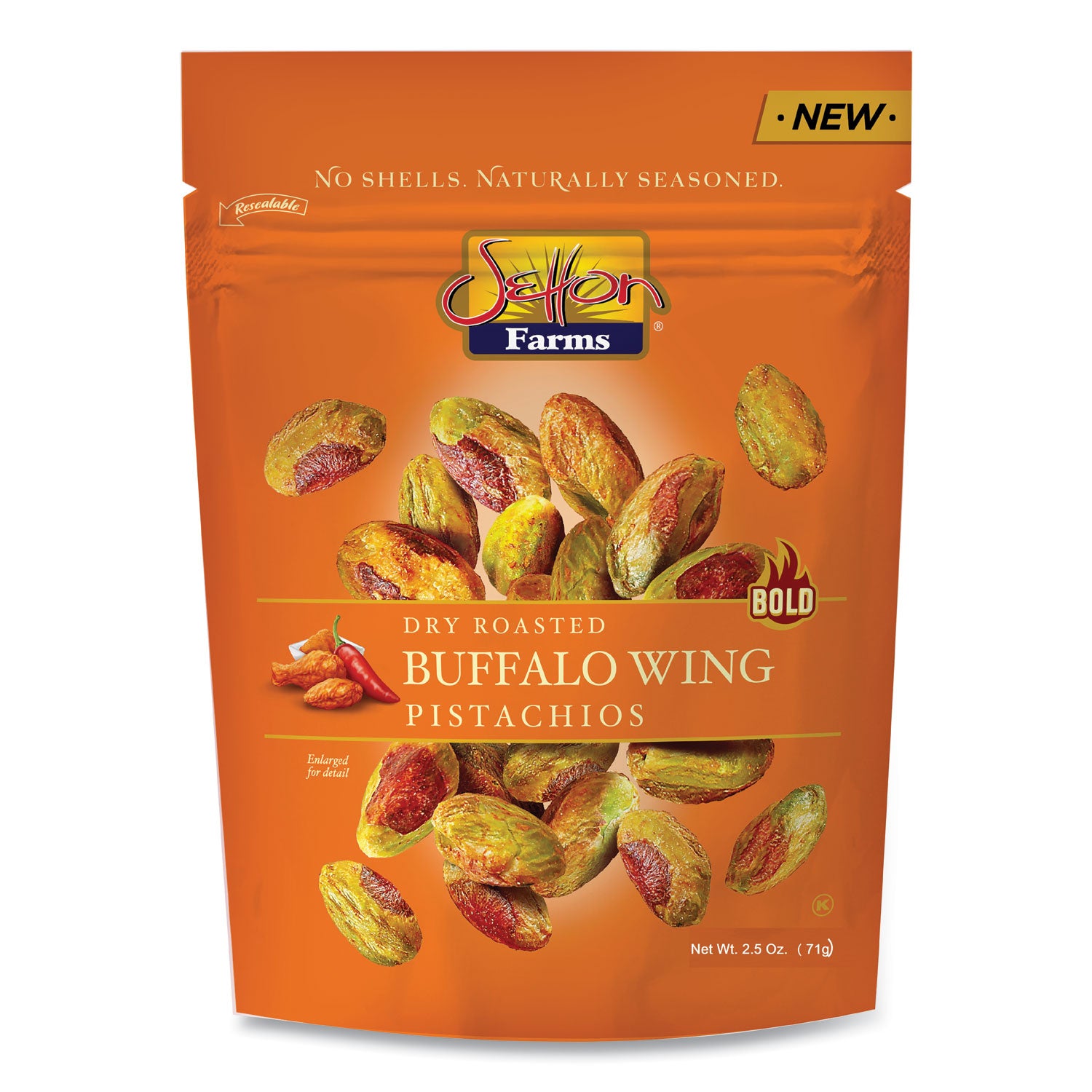 Setton Farms Buffalo Pistachios, Buffalo Wing, 2.5 oz Bag, 8/Carton (6002)