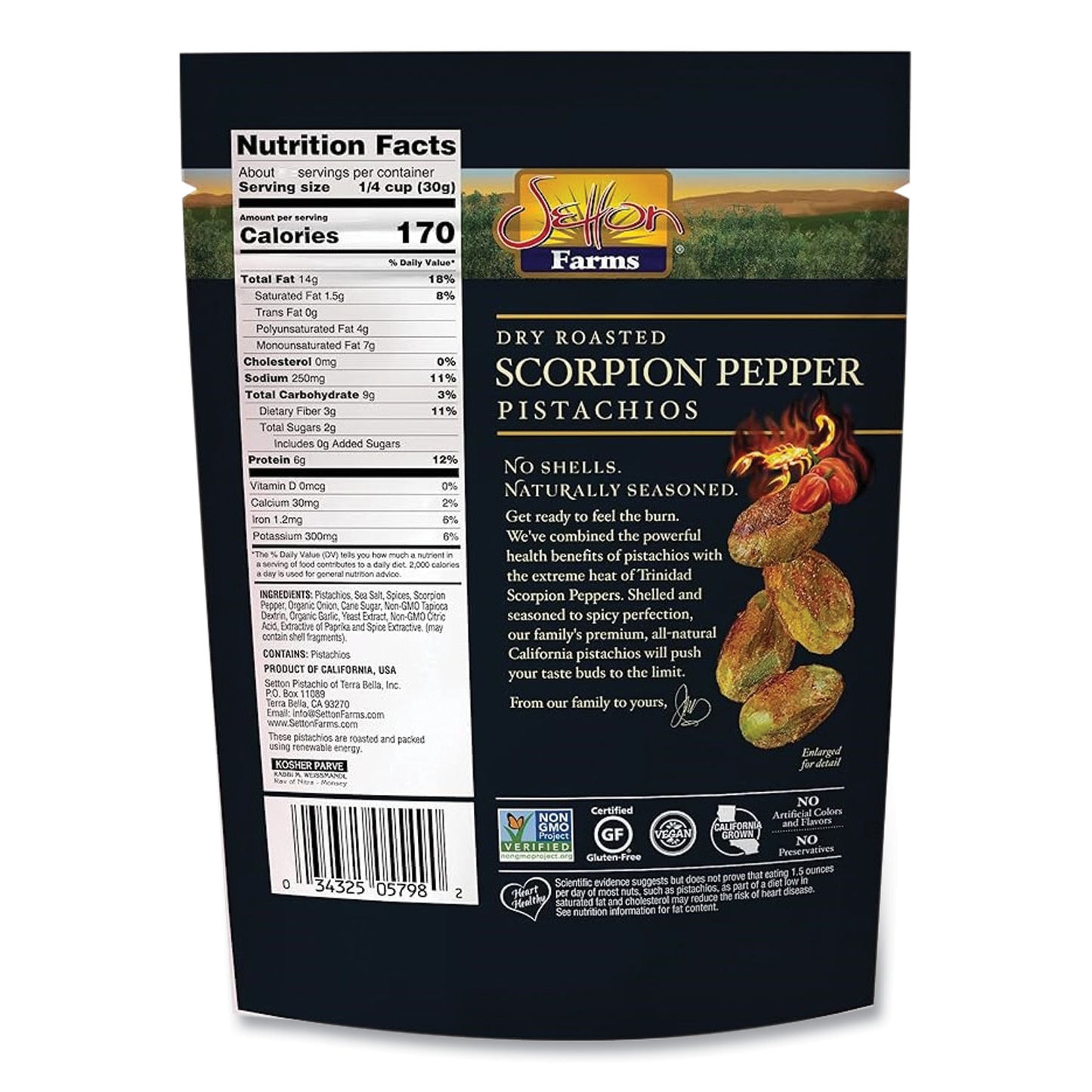 Setton Farms Scorpion Pepper Pistachios, 2.5 oz Bag, 8/Carton (5901)