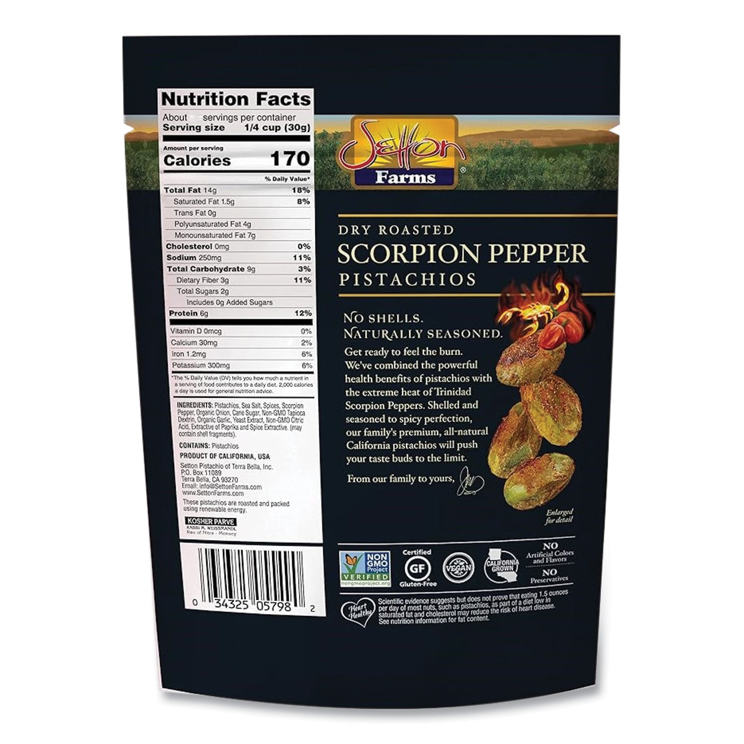 Setton Farms Scorpion Pepper Pistachios, 2.5 oz Bag, 8/Carton (5901)