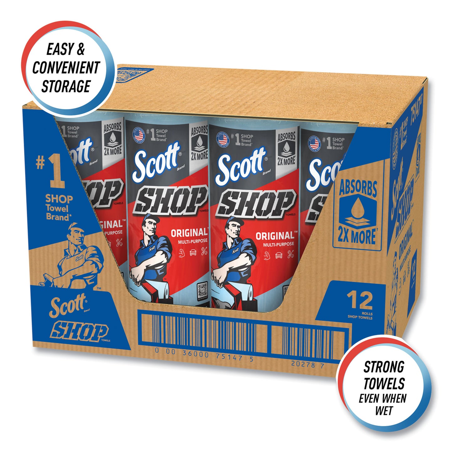 Scott Shop Towels, Standard Roll, 1-Ply, 9.4 x 11, Blue, 55/Roll, 12 Rolls/Carton (75147)