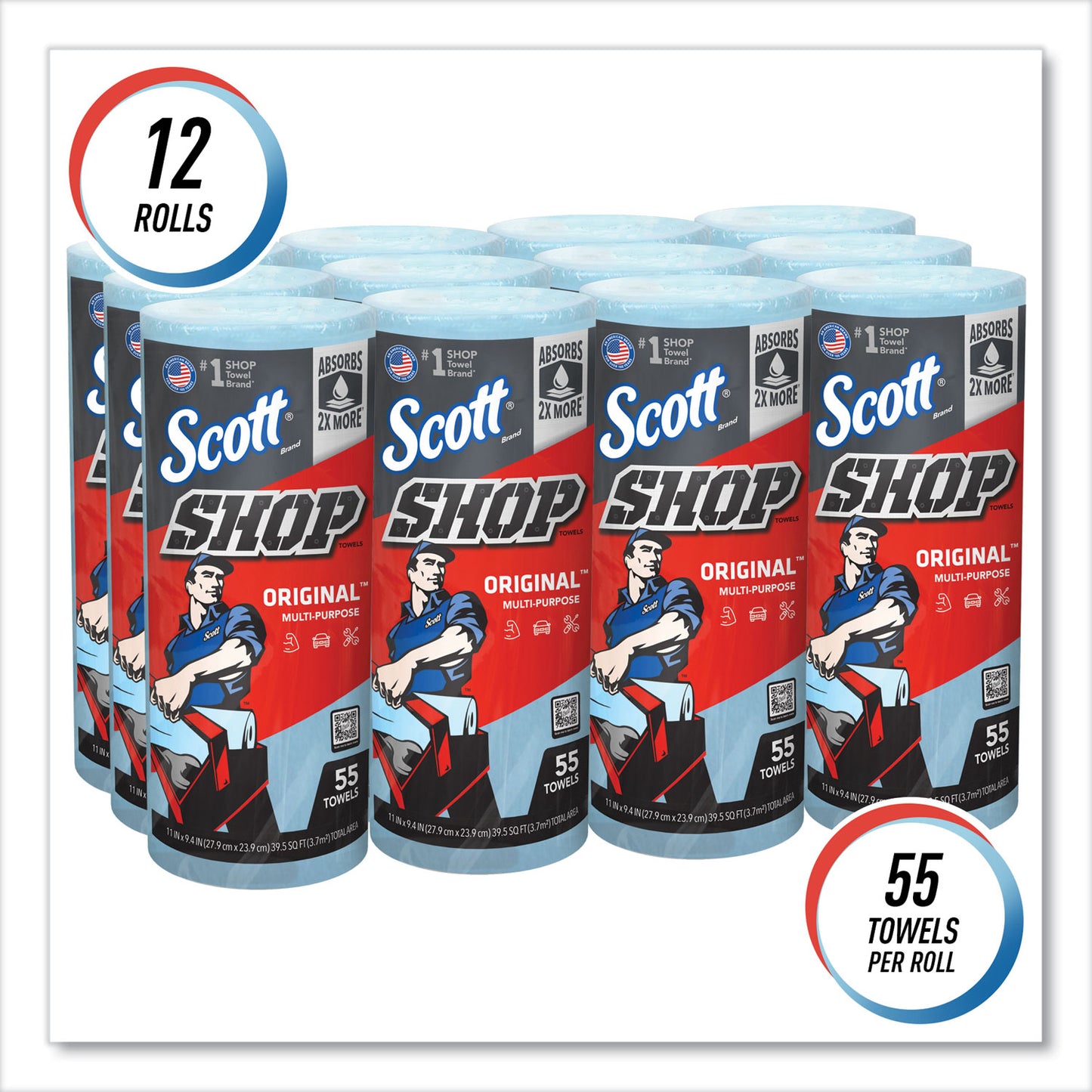 Scott Shop Towels, Standard Roll, 1-Ply, 9.4 x 11, Blue, 55/Roll, 12 Rolls/Carton (75147)